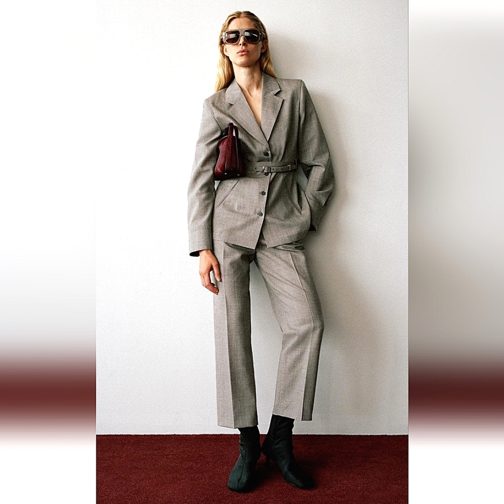 ZARA "SET" ZW COLLECTION BROWN/TAUPE BELTED BLAZER & PANT CO-ORD 🤩🤩🤩